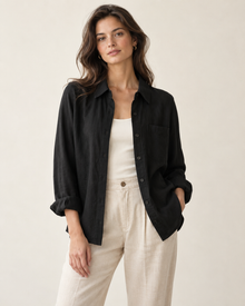 Woman wearing Maison Elin lightweight overshirt in black