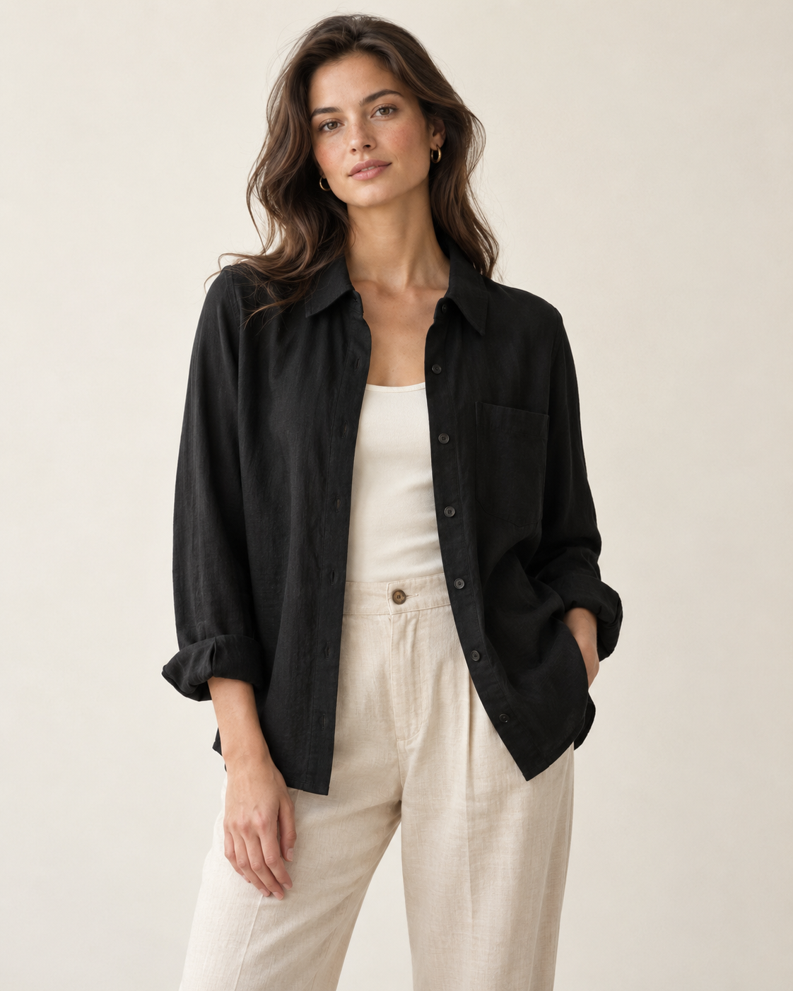 Woman wearing Maison Elin lightweight overshirt in black