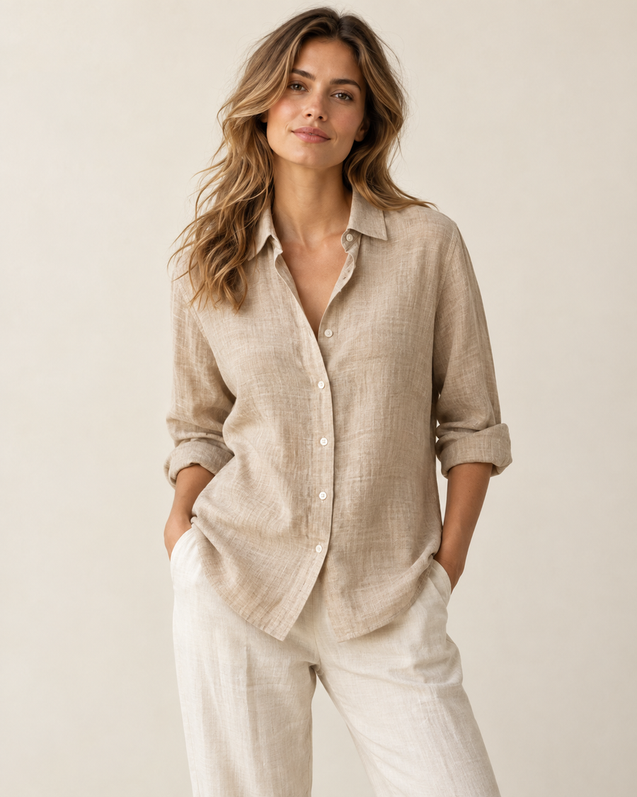Woman wearing Maison Elin relaxed everyday shirt in sand