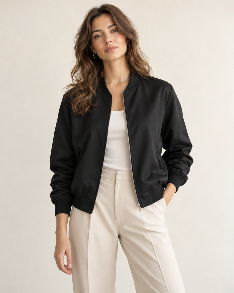 Woman wearing Maison Elin minimal bomber jacket in black