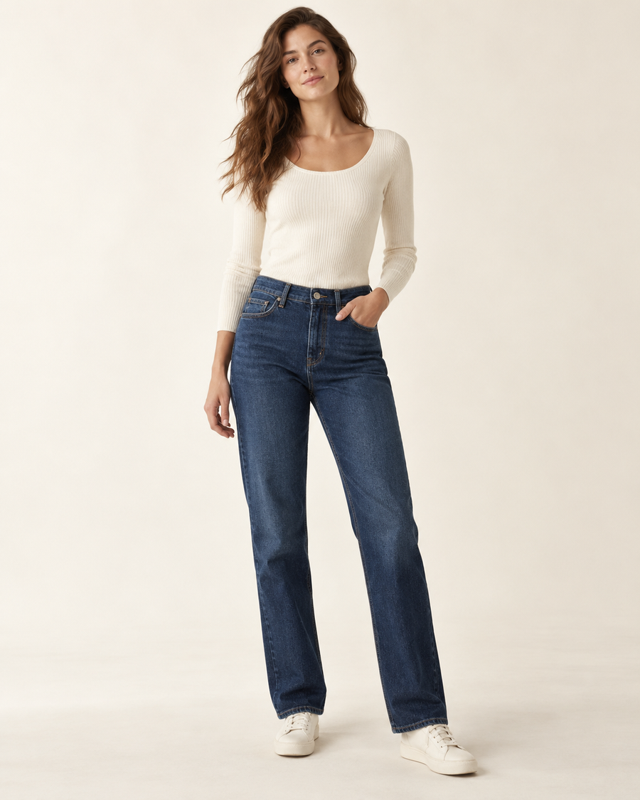 Woman wearing Maison Elin straight-leg denim in blue