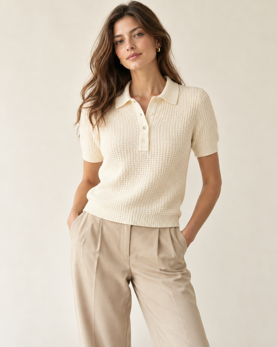 Woman wearing Maison Elin textured knit polo in ivory